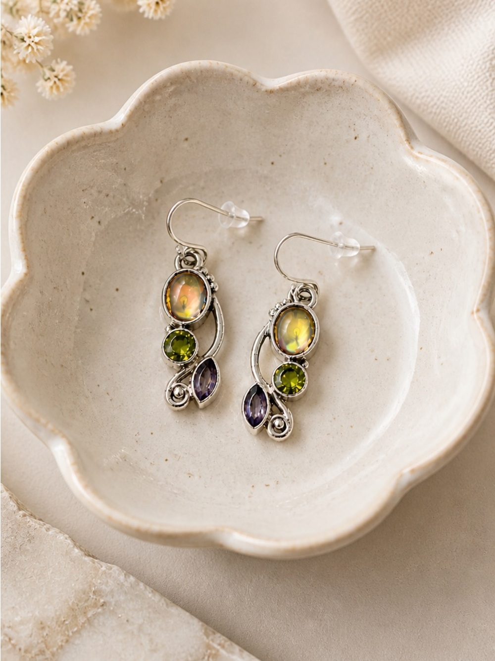 Silver Tone Multi-Stone Dangle Earrings Iridescent Green Purple - Picture 4 of 4